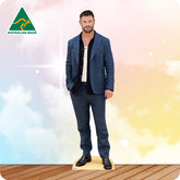 Cardboard standee of a man in a blue suit with 'Australian Made' logo on a colorful background